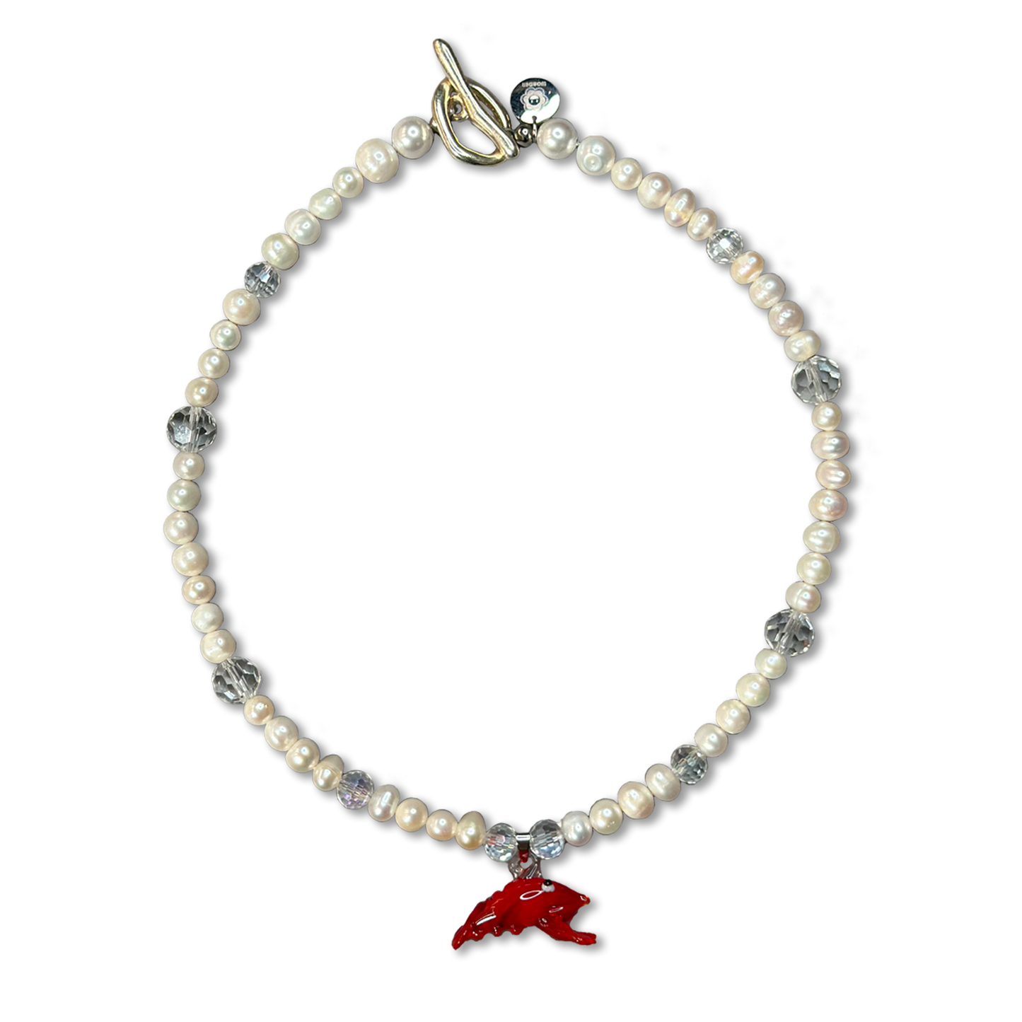 The Krabi handmade pearl necklace. Beaded jewellery made of real freshwater pearl. Lobster pendant. Front photo