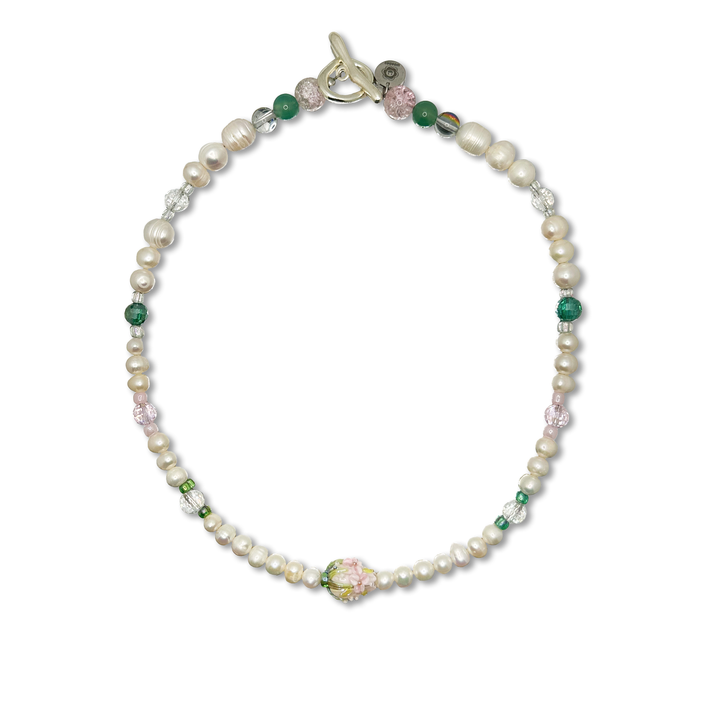 The Rosebud handmade pearl necklace. Made with real freshwater pearls and unique lampwork rosebud bead. Front photo.