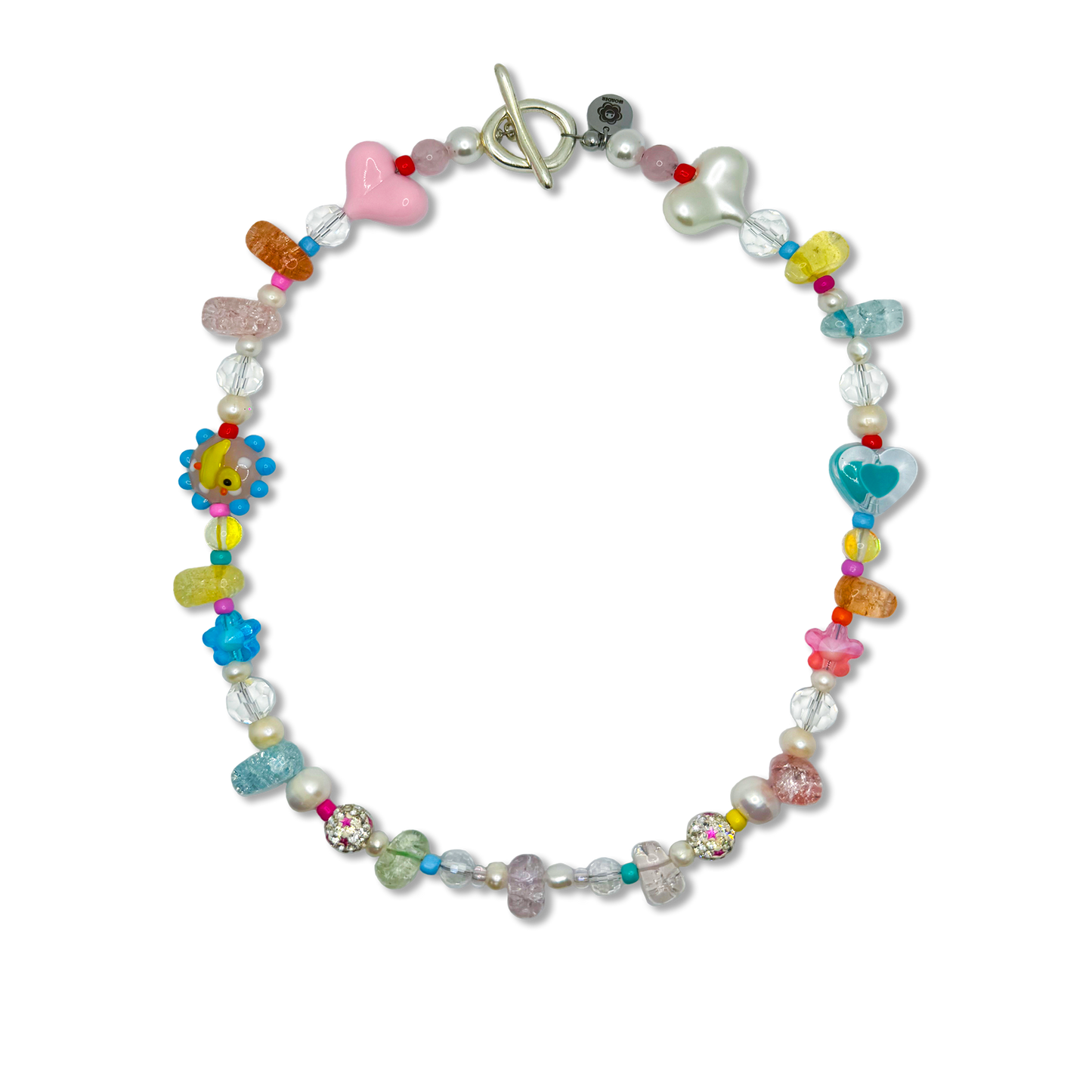 The Heart of Glass handmade pearl necklace. Colourful handmade jewellery. Front photo.