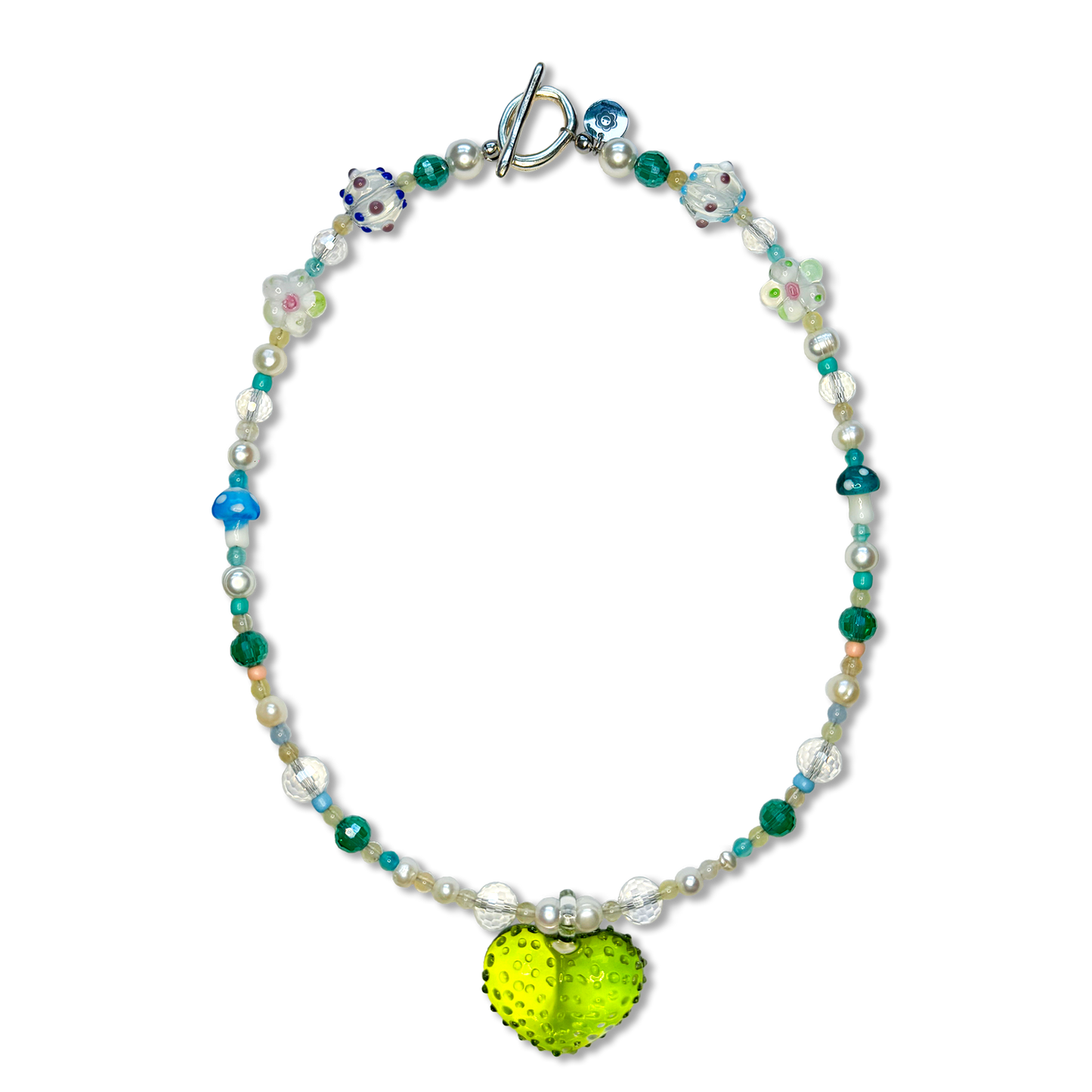 The Green Heart handmade pearl necklace. Handmade jewellery, beaded necklace. Green heart pendant. Front photo.