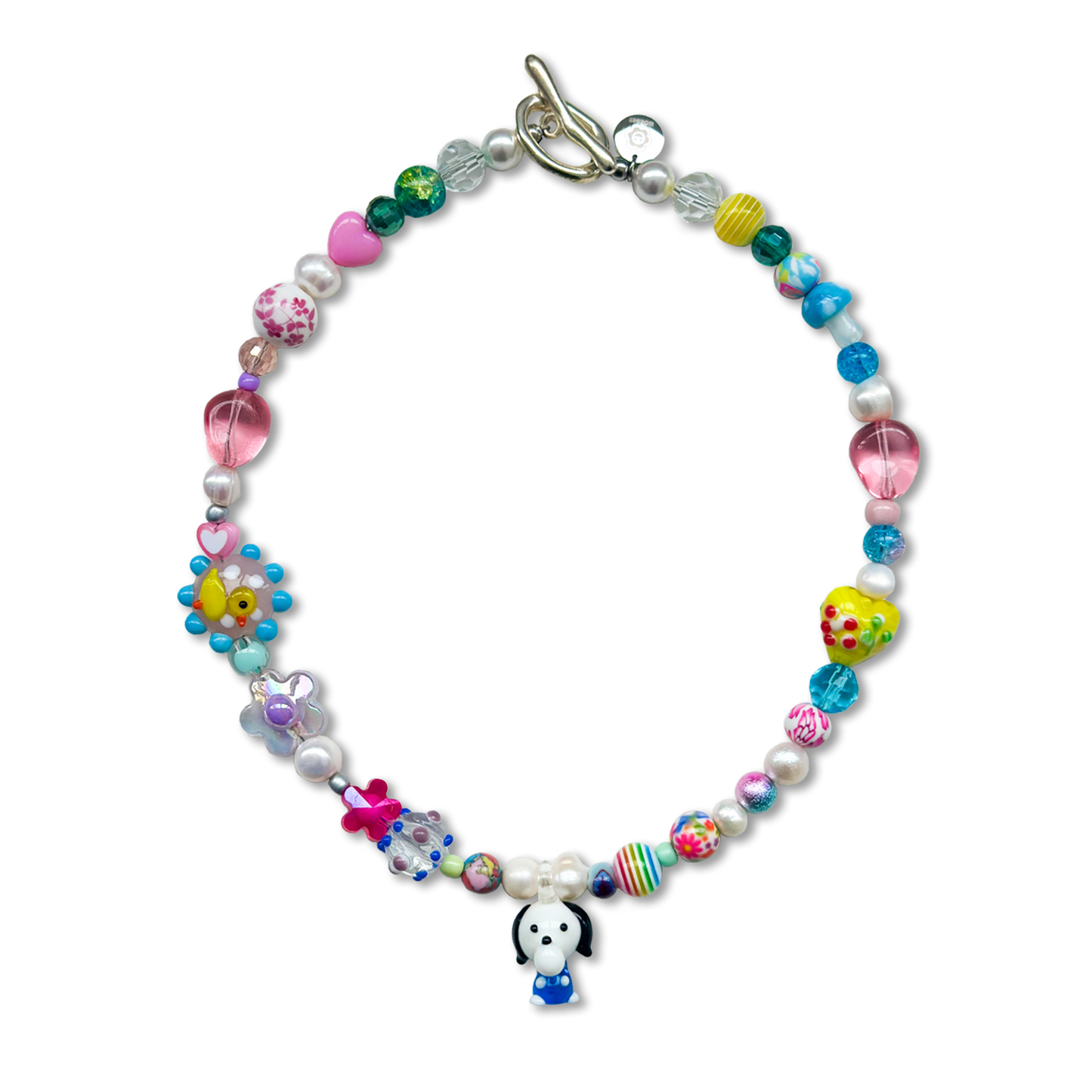 The Creamie Sweetie handmade pearl necklace is made with real freshwater pearls. Front photo. Bright, colourful pearls. Kawaii