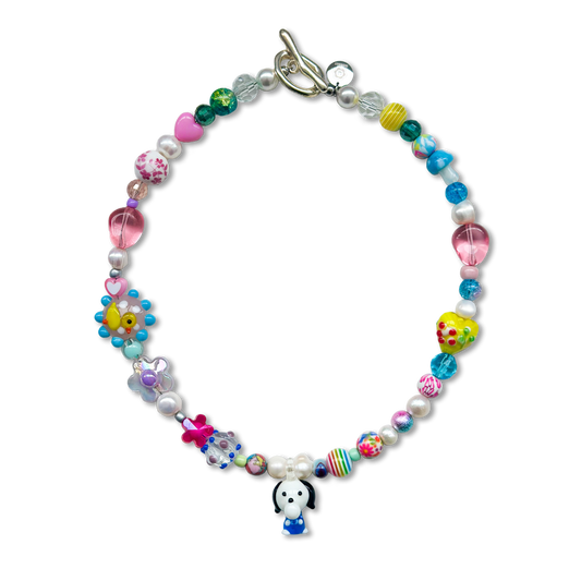 The Creamie Sweetie handmade pearl necklace is made with real freshwater pearls. Front photo. Bright, colourful pearls. Kawaii